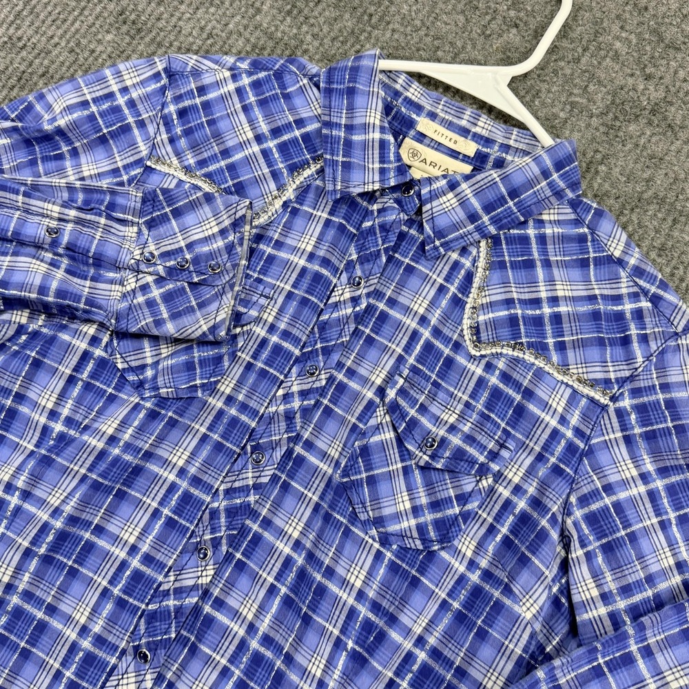 Ariat Shirt Womens Large Blue Plaid Western Snap Button Embroidered Long Sleeve